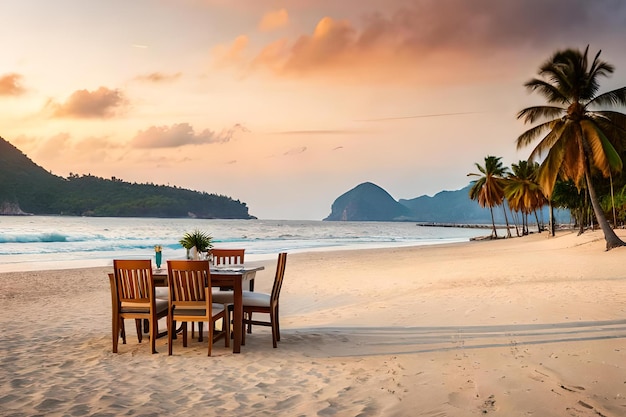 Una mesa en la playa con palmeras al fondo