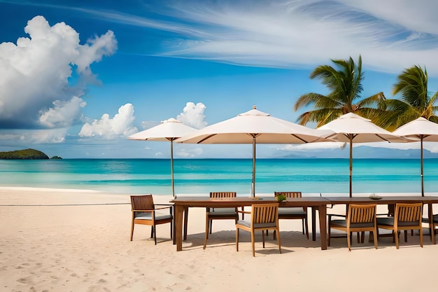 Una mesa en una playa con sombrillas y una palmera al fondo.