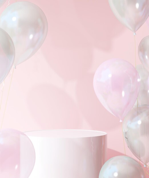 Mesa de podio blanca brillante con globos de plata rosada flotantes en el fondo para belleza de lujo cosméticos cuidado de la piel cuidado del cuerpo exhibición de productos de moda fiesta romántica del día de San Valentín