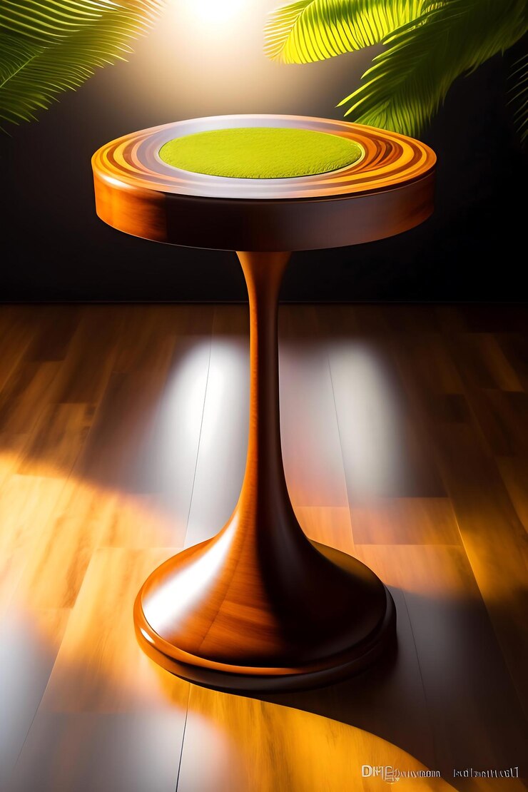 Foto mesa de podio de grano hermoso, redonda y lisa de madera de teca, árbol tropical verde en la sombra de la hoja del sol