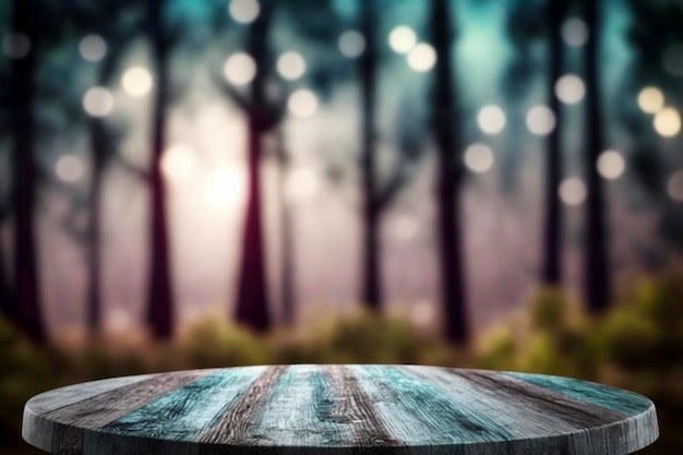 Mesa de podio de madera con fondo de vegetación bokeh La vitrina frontal con un escenario para productos Un pedestal para la presentación de productos Ai generativo