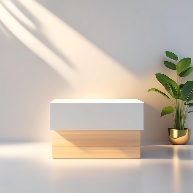 Mesa de podio de madera natural mínima con hermosa sombra de hojas de luz solar en una pared blanca crema