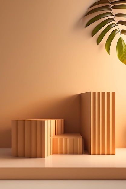 Mesa de podio de madera natural mínima bajo la luz del sol, sombra de hojas tropicales en una pared beige en blanco para mod