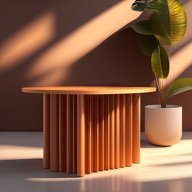 Mesa de podio de madera natural mínima con luz solar moteada, sombra de hojas tropicales en una pared marrón en blanco