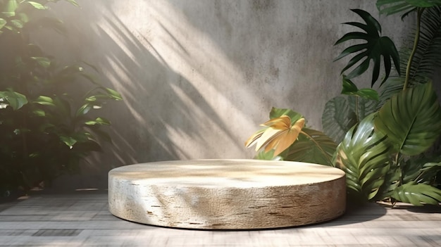 Mesa de podio de madera de tronco natural en follaje de luz solar IA generativa