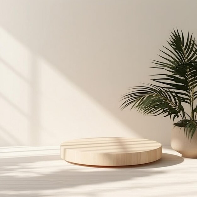 Mesa de podio de madera de troncos naturales mínima a la luz del sol con sombras de palma IA generativa