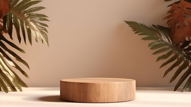 Mesa de podio mínima de madera de troncos naturales con luz solar moteada IA generativa