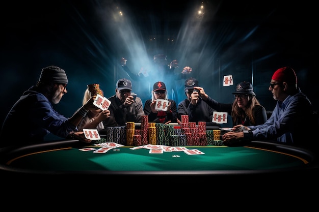 Mesa de póquer con fichas de cartas y jugadores repartiendo sus cartas