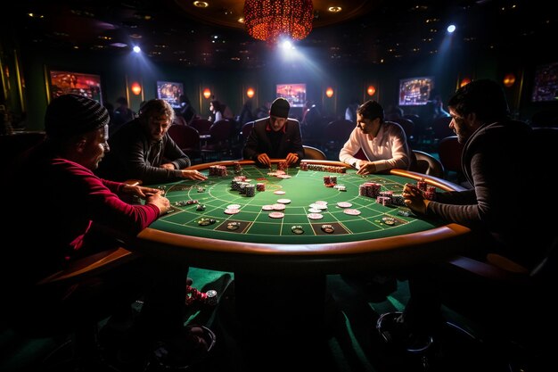 Mesa de póquer con fichas de cartas y jugadores repartiendo sus cartas