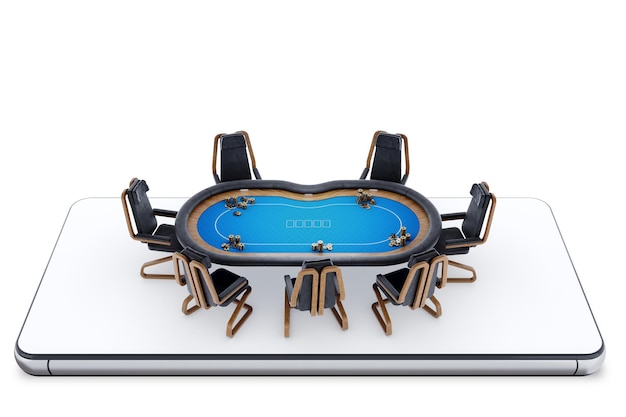 Mesa de póquer en línea en la pantalla del teléfono inteligente sala de póquer Juego de póquer casino en línea Texas hold'em juegos de cartas de aplicación Diseño moderno revista estilo 3D render 3D ilustración