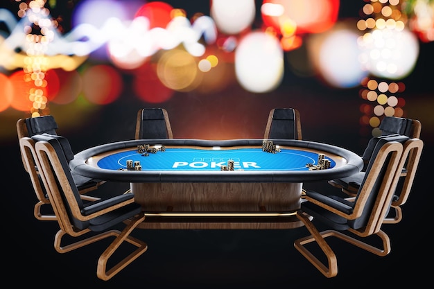 Mesa de póquer sala de póquer Juego de póquer casino Texas hold'em juego en línea juegos de cartas 3D render 3D ilustración Diseño moderno Estilo de revista