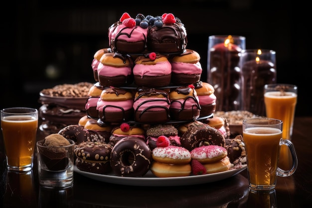 Mesa de postres adornada con rosquillas deliciosas y un arco iris de dulces