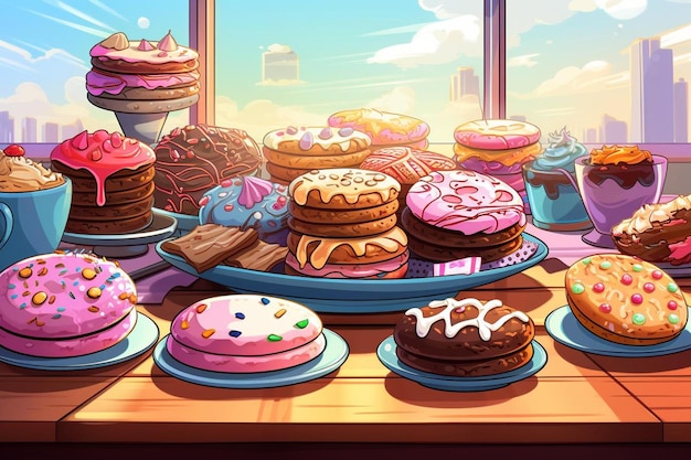 una mesa de postres con un cartel que dice "donuts" en ella