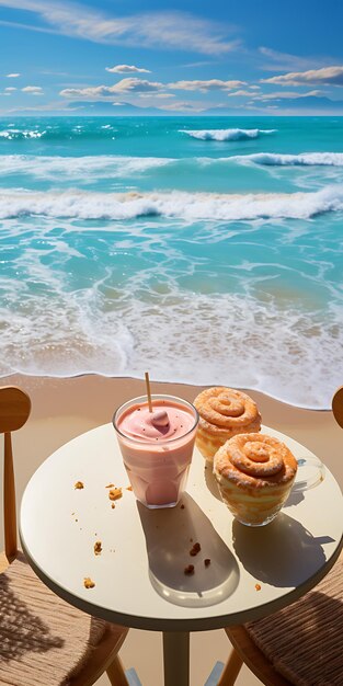 Foto una mesa de postres con una taza de té helado y una fresa en el fondo