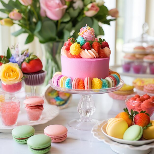 Una mesa de postres con tema de primavera brillante y alegre llena de cupcakes y macarrones