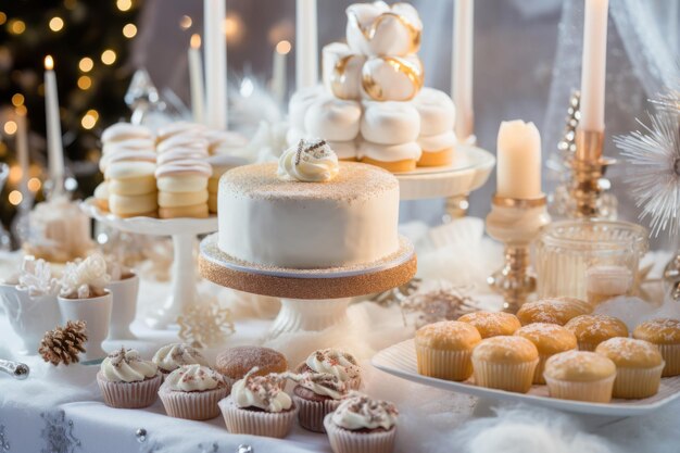 Mesa de postres de vacaciones de invierno bellamente decorada con pasteles, cupcakes y golosinas Ilustración de IA generativa