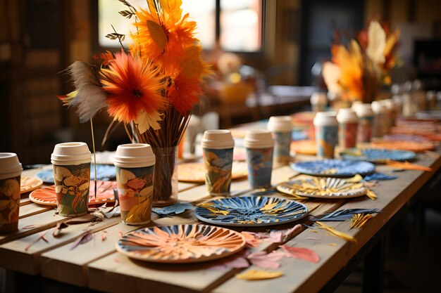 Una mesa con preparaciones de decoraciones de Acción de Gracias hechas a mano