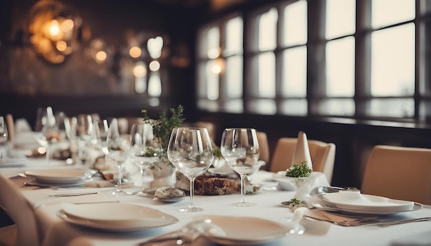 una mesa preparada para una boda con vasos y platos de vino