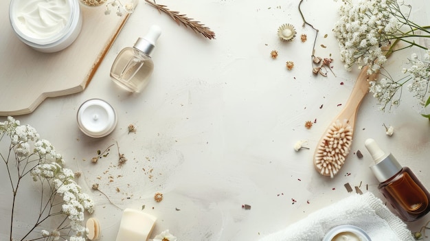 Mesa con productos de belleza y pincel de madera
