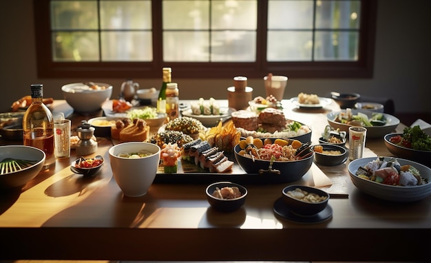 Mesa con productos y platos de la cocina japonesa y asiática