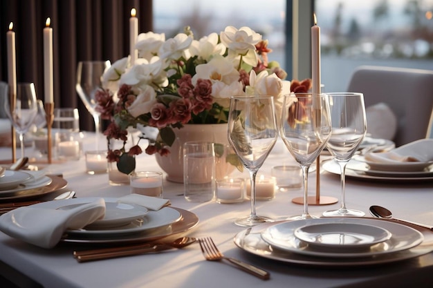 una mesa puesta para una boda con un arreglo floral