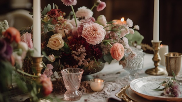 Una mesa puesta para una boda con un centro floral y un portavelas