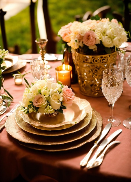 Foto una mesa puesta para una boda con flores y un jarrón con flores
