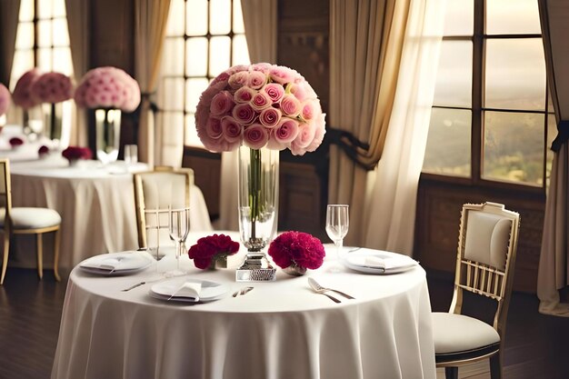 Una mesa puesta para una boda con flores rosas sobre la mesa.