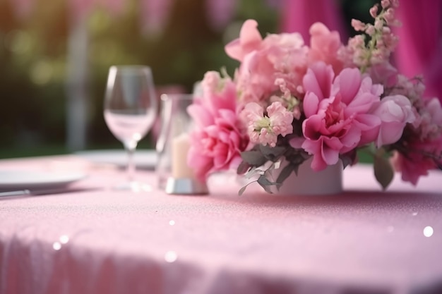 Una mesa puesta para una boda con flores rosas