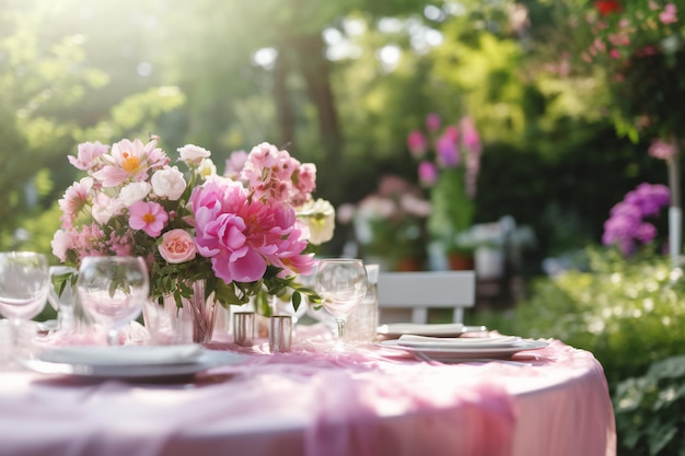 Una mesa puesta para una boda con flores rosas.