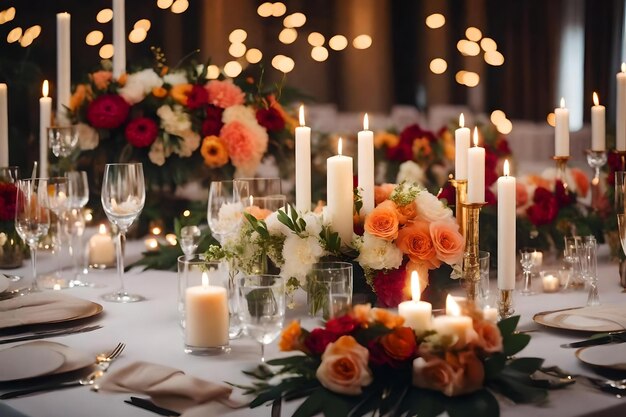 una mesa puesta para una boda con flores y velas.