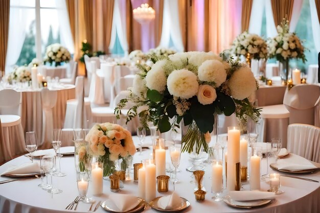 Una mesa puesta para una boda con flores y velas.