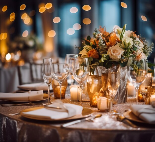 Una mesa puesta para una boda con flores y velas.