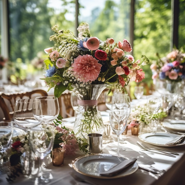 Una mesa puesta para una boda con flores y velas.