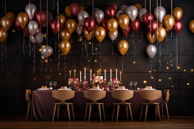 una mesa puesta para una boda con globos y velas.