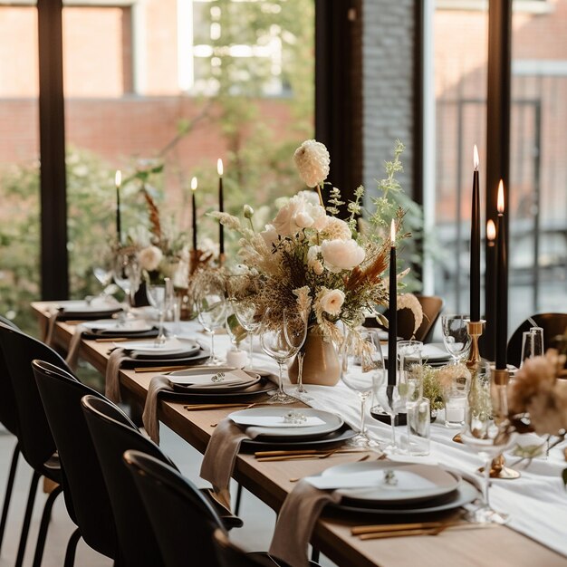 Una mesa puesta para una boda con un jarrón de flores y velas.