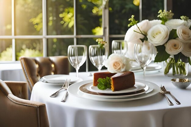 Una mesa puesta para una boda con un pastel y flores.