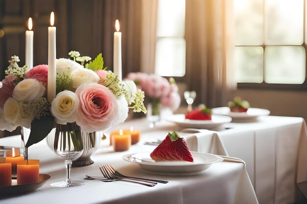 Una mesa puesta para una boda con un pastel y flores.