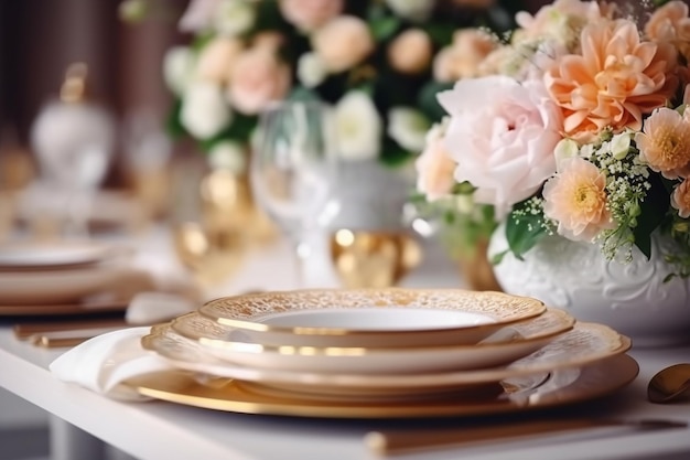 Una mesa puesta para una boda con un ramo de rosas