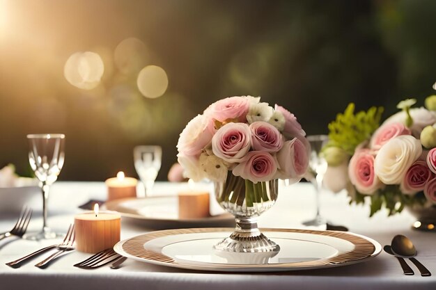 Una mesa puesta para una boda con una vela y velas