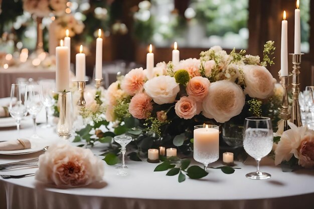 Una mesa puesta para una boda con velas y flores