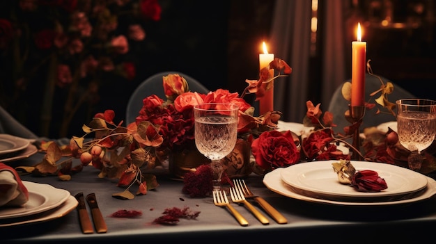 Una mesa puesta para una cena formal con velas y flores