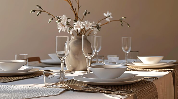 una mesa puesta para una cena con un jarrón con flores en ella