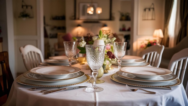 una mesa puesta para una cena con un mantel y vasos