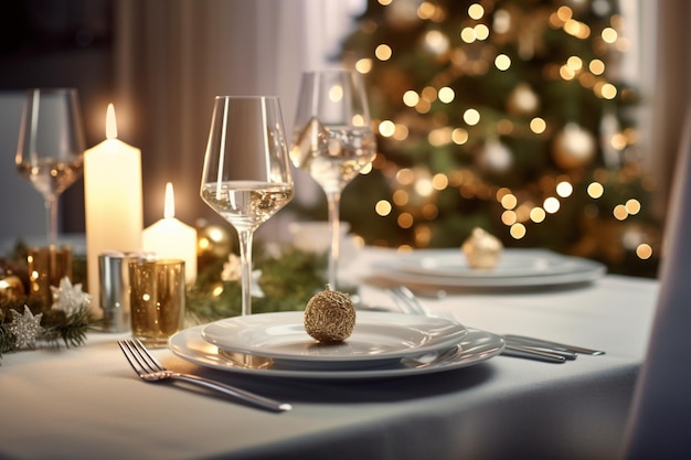 Una mesa puesta para una cena navideña con un árbol de navidad al fondo