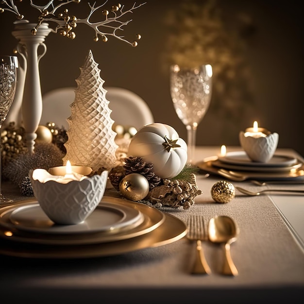 Una mesa puesta para una cena navideña con un árbol de navidad blanco y otras decoraciones.