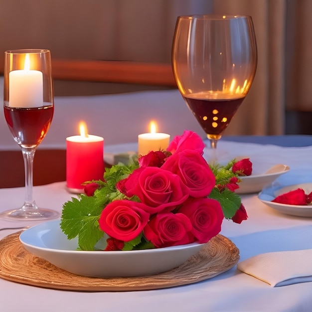 Una mesa puesta para una cena romántica con rosas y copas de vino.