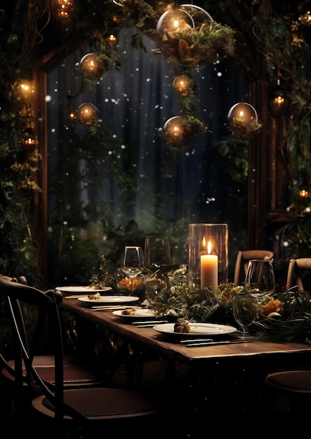 una mesa puesta para una cena romántica con una vela en el medio.