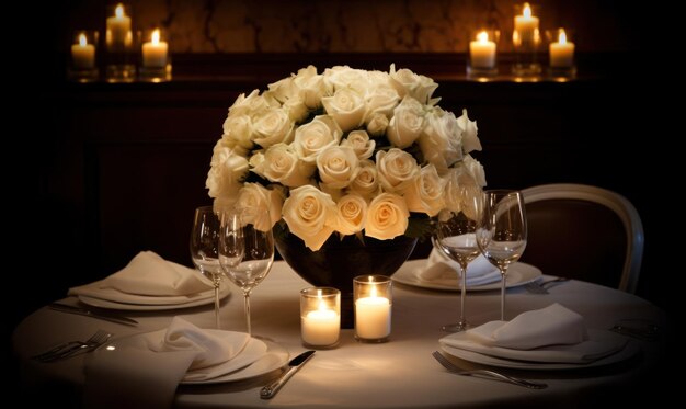 Una mesa puesta para una cena con rosas y velas.