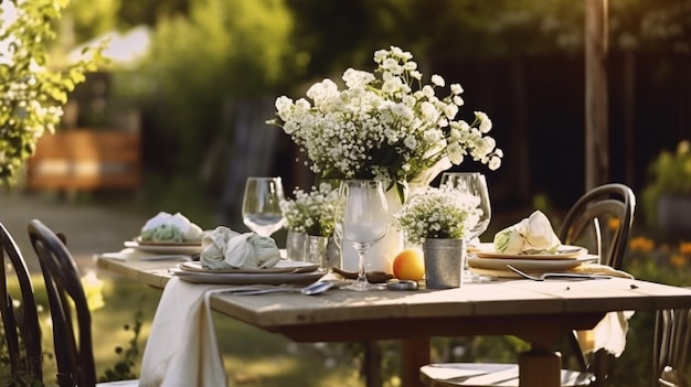 Una mesa puesta para una comida con flores y limones.